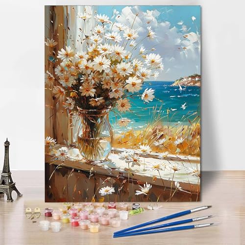 Paint by Numbers Vase Malen Nach Zahlen Ozean Malen Nach Zahlen Anfänger DIY Handgemalt Ölgemälde Leinwand Kits mit 3 Pinseln und Acrylfarbe für Wanddeko, Geschenk für Frauen (70x95cm) -CW2504B7 von HCWBDWOU