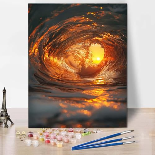 Paint by Numbers Wellen Malen Nach Zahlen Sonnenuntergang Malen Nach Zahlen Anfänger DIY Handgemalt Ölgemälde Leinwand Kits mit 3 Pinseln und Acrylfarbe für Wanddeko, Geschenk (30 x 40 cm) -CW25047S von HCWBDWOU