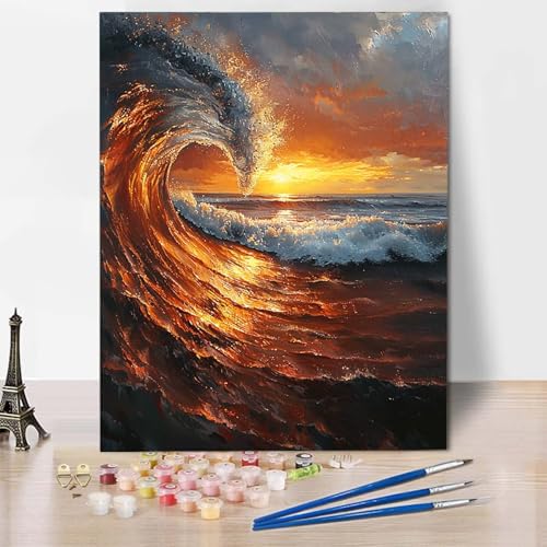 Paint by Numbers Wellen Malen Nach Zahlen Sonnenuntergang Malen Nach Zahlen Anfänger DIY Handgemalt Ölgemälde Leinwand Kits mit 3 Pinseln und Acrylfarbe für Wanddeko, Geschenk 60 X 80 CM -CW2504IC von HCWBDWOU