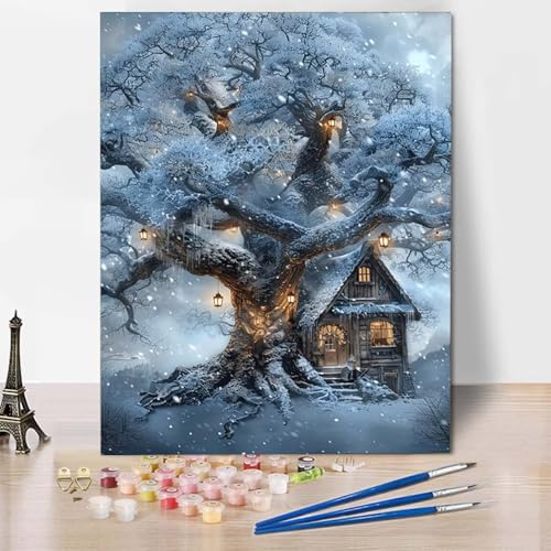 Paint by Numbers Winter Malen Nach Zahlen Baum Malen Nach Zahlen Anfänger DIY Handgemalt Ölgemälde Leinwand Kits mit 3 Pinseln und Acrylfarbe für Wanddeko, Geschenk für Frauen (30 x 40 cm) -CW25043D von HCWBDWOU