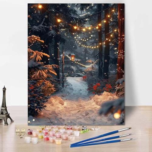 Paint by Numbers Winter Malen Nach Zahlen Wald Malen Nach Zahlen Anfänger DIY Handgemalt Ölgemälde Leinwand Kits mit 3 Pinseln und Acrylfarbe für Wanddeko, Geschenk für Frauen 70 x 95 cm -CW25048C von HCWBDWOU