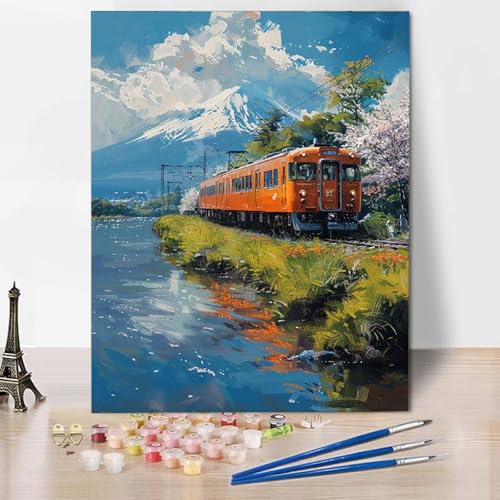 Paint by Numbers Zug Malen Nach Zahlen Vulkan Fuji Malen Nach Zahlen Anfänger DIY Handgemalt Ölgemälde Leinwand Kits mit 3 Pinseln und Acrylfarbe für Wanddeko, Geschenk für Frauen (70x95cm) -CW2504C3 von HCWBDWOU