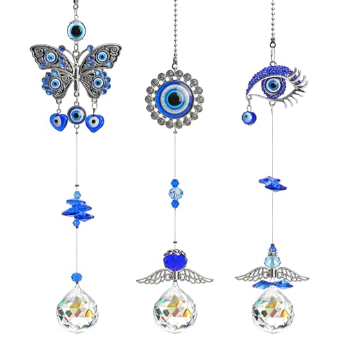 HDCRYSTALGIFTS 3 x Oma-Geschenke, blauer böser Blick-Sonnenfänger mit Kristallprismen-Kugeln, Fensterdekoration, Regenbogenmacher, Sonnenfänger, Anhänger für Haus, Garten von HDCRYSTALGIFTS
