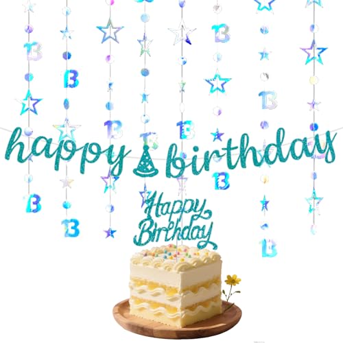 1 Set Deko 13. Geburtstag Mädchen Teenager Party Dekorationsartikel Sternenkreis Ziffer Ziehen Blumen Kuchen Insertion Geburtstagsbanner (Blau) von HDFHDF