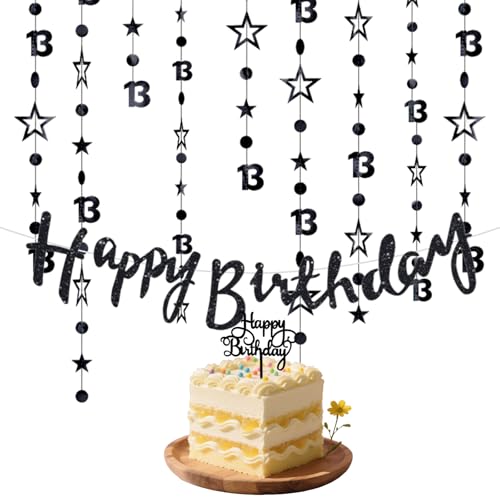 1 Set Deko 13. Geburtstag Mädchen Teenager Party Dekorationsartikel Sternenkreis Ziffer Ziehen Blumen Kuchen Insertion Geburtstagsbanner (schwarz) von HDFHDF