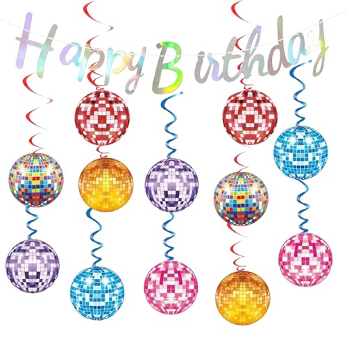 1 Set Disco-Party-Themen-Dekorationen, Happy Birthday-Banner, bunte Flagge, Spirale, hängende Dekoration, Retro-Fieberbehang von HDFHDF