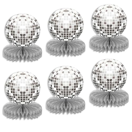 1 Set mit 6 Disco-Themen, Waben, Geburtstagsparty, Glitzer-Papierball, Desktop, Retro-Maniac, 70er, 80er, 90er-Jahre Dekorationen (silberfarben) von HDFHDF