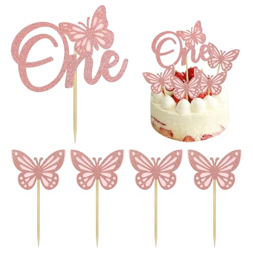 HDGSAFD 1 Stück Buchstabe Eins-Einsatz, 4 Stück Schmetterlings-Einsatz, Babyparty-Kuchen-Einsatz, 1. Geburtstags-Party-Kuchendekoration von HDGSAFD