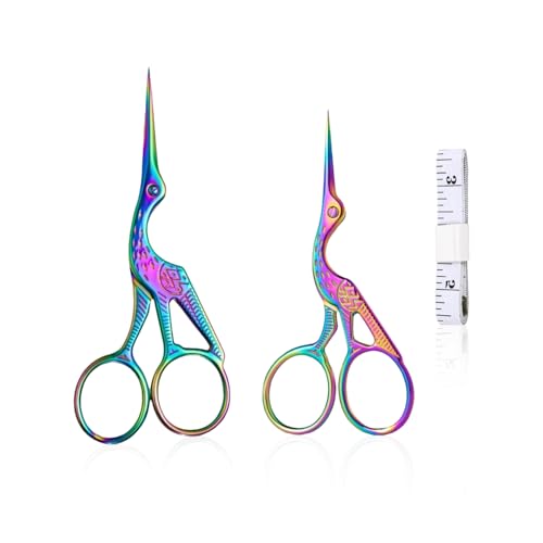 HDGSAFD 2 Kleine Scheren, 1 Doppelseitiges Weiches Lineal, Storchenschere Aus Metall, Bunte Stickschere, Multifunktionsschere von HDGSAFD