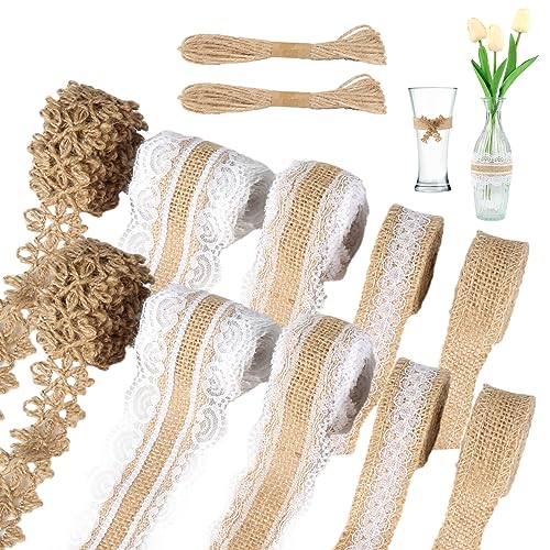 12Rollen Juteband mit Spitze, Vintage Spitzenband Weiß, Natürliche Sackleinen Hessische Jute Band, Schleifenband Hochzeit Dekoration, Spitzenbordüre Dekoband für DIY Handwerk Basteln Geschenkband von HDHGXUJRD