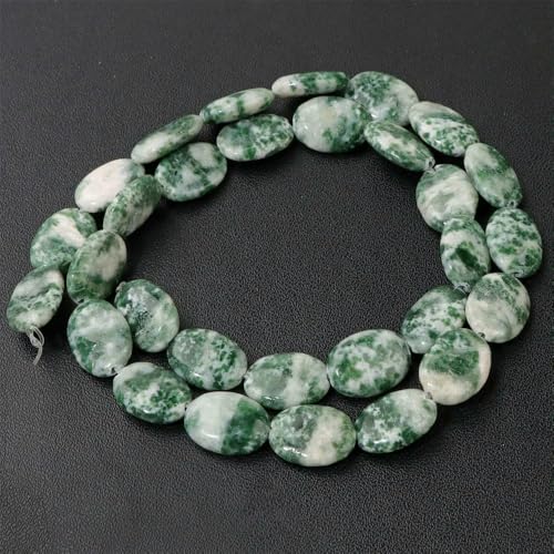 10 x 15 mm Natursteinperle, flache ovale Form, Amazonit, Rosenquarz, Amethystperlen zur Schmuckherstellung, Halskette, Armband, handgefertigt, grüner Punktjaspis, 10 x 15 mm, ca. 28 Stück von HDJSDB