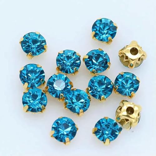 100 Stück 3,0 mm Farbe zum Aufnähen auf Kristallglas-Strasssteine, Montees, goldfarbene Krallenbasis, Bastelperlen, Hochzeitskostüm, Kleid, Schmuckherstellung, Perlen, Capriblau von HDJSDB