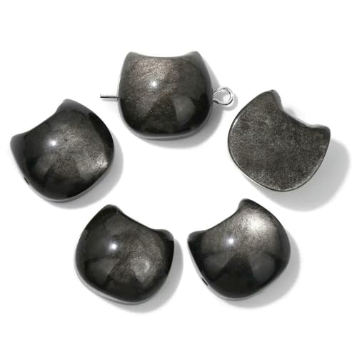 14 x 16 mm Naturstein, Katzenform, geschnitzte Perlen, mehrfarbige Edelsteinquarzperlen zur Schmuckherstellung, DIY-Armband, Halskettenzubehör, Obsidian, 5 Stück von HDJSDB