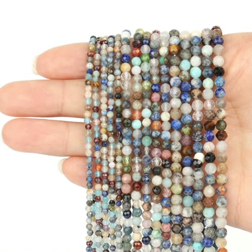 2 3 4,0 mm facettierte runde Perlen, Achate, Rosenquarze, Amazonite, natürliche Edelsteine, winzige kleine Rocailles-Perlen für die Schmuckherstellung, DIY-Zubehör, gemischt, 2 mm, ca. 170 Stück von HDJSDB