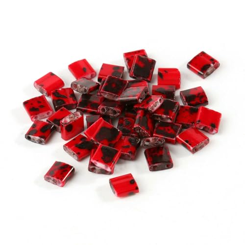 50 Stück/Los, 45 Stile, zwei Löcher, Rocailles-Perlen, DIY, tschechische Glasschmuckperlen für handgefertigten Schmuck, Armbänder, Zubehör, 5 x 5 x 2 mm, T 2, Rot/Schwarz, 5 x 5 x 2 mm, 50 Stück von HDJSDB