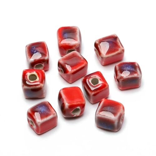 8 mm quadratische Keramikperlen, Würfel, modisches Porzellan, handgefertigte Abstandsperlen für die Schmuckherstellung, DIY-Strandarmband-Zubehör, 10 Stück, rot, 8 mm, 10 Stück von HDJSDB