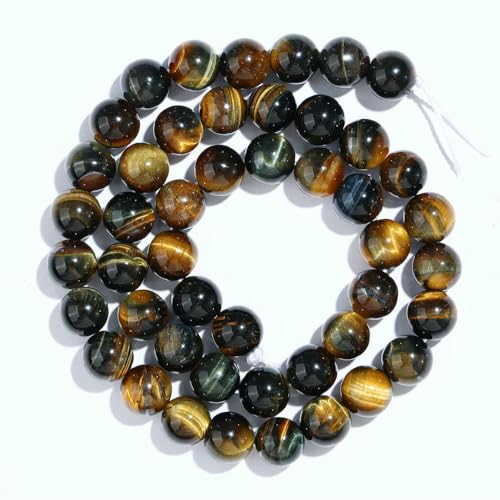 A+ Natürlicher Tigerauge-Perlen, Gelb & Blau & Rot & Golden & Grün, 4–12 mm, loser Edelstein zur Schmuckherstellung, Kristallperlen, Gelb-Blau-Farbe, 10 mm (37–40 Stück) von HDJSDB