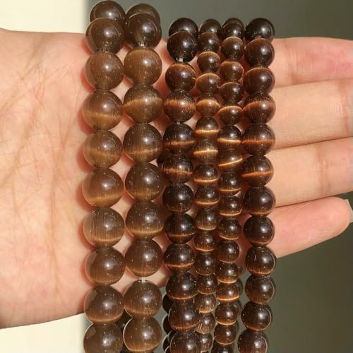 Naturstein, rosa-weißer Mondstein, Katzenaugenperlen zur Schmuckherstellung, glatte, lose Abstandsperlen, Opal, DIY-Charm-Armbänder, Halsketten – dunkler Kaffee – 10 mm, 36 Stück Perlen von HDJSDB