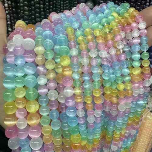 Natursteinperlen, AAA, rosa Selenit, bunter Gipsstein, Katzenauge, runde lose Perlen, 6 8 10 mm, Perle zur Herstellung von DIY-Schmuck, Regenbogen A, 6 mm, ca. 61 Perlen von HDJSDB