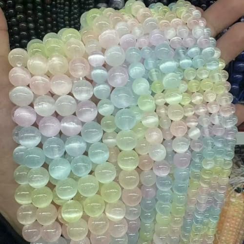 Natursteinperlen, AAA, rosa Selenit, bunter Gipsstein, Katzenauge, runde lose Perlen, 6 8 10 mm, Perle zur Herstellung von DIY-Schmuck, Regenbogen B, 6 mm, ca. 61 Perlen von HDJSDB