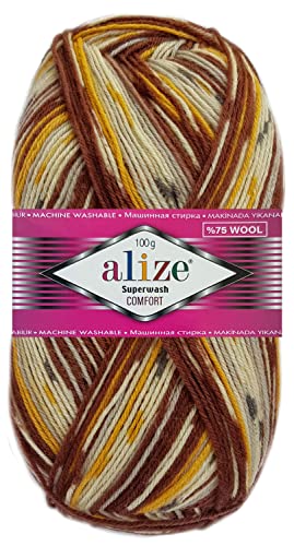 100 Gramm Alize Sockenwolle Superwash Comfort Color Farbig 4fädig 7652 Braun Mix Hell von HDK-VERSAND