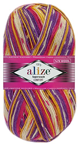 100 Gramm Alize Sockenwolle Superwash Comfort Color Farbig 4fädig 7655 Konfetti Mix von HDK-VERSAND
