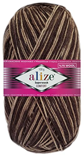 100 Gramm Alize Sockenwolle Superwash Comfort Color Farbig 4fädig 7678 Braun Mix Dunkel von HDK-VERSAND