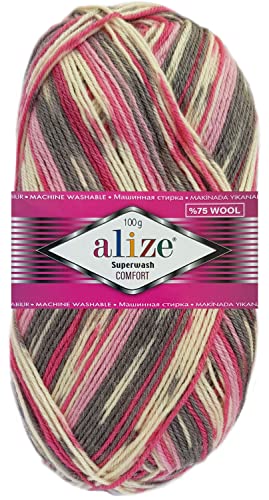100 Gramm Alize Sockenwolle Superwash Comfort Color Farbig 4fädig 7707 Pink Grau Mix von HDK-VERSAND