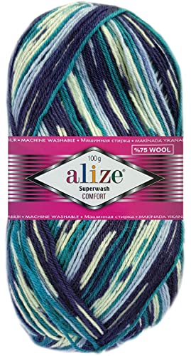 100 Gramm Alize Sockenwolle Superwash Comfort Color Farbig 4fädig 7708 Blau Türkis Mix von HDK-VERSAND
