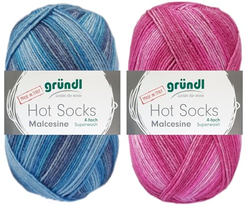 2x100 Gramm Gründl Hot Socks Malcesine (Sockenwolle aus 75% Schurwolle, 25% Polyamid (superwash) (Ocean + Fuchsia) von HDK-VERSAND