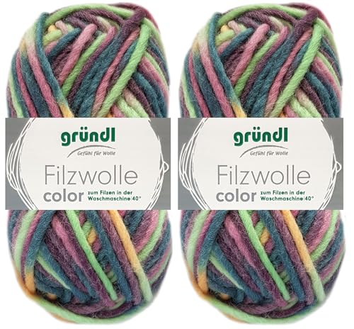 2x50 Gramm Gründl Filzwolle Color aus 100% reiner Schurwolle inkl. Anleitung für Topflappen (44 Rose Grün Multicolor) von HDK-VERSAND