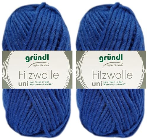 2x50 Gramm Gründl Filzwolle Uni aus 100% reiner Schurwolle inkl. Anleitung für Topflappen (12 Royalblau) von HDK-VERSAND