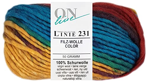 50 Gramm ONline Linie 231 Filzwolle Color aus 100% Schurwolle 0143 Gelb Türkis Rot Mix von HDK-VERSAND