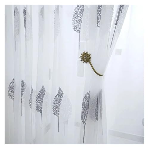 HDKAH 1 x weiße, durchsichtige Tüllvorhänge mit Baummotiv for Wohnzimmer, Balkon, Schlafzimmer, durchscheinend, modern, bestickter Vorhang, Gaze, Fenstergitter (mit Stangentasche)(W140cmXH245cm) von HDKAH