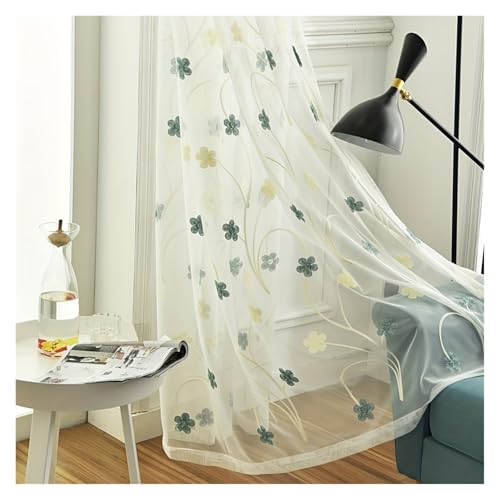 HDKAH Blumengarnvorhänge for Schlafzimmer, Wohnzimmer, Fenstervorhang, Tüll, bestickter Tagesvorhang, süße, durchsichtige Vorhänge (Typ mit Stangentasche)(Blue,W200XL200CM) von HDKAH