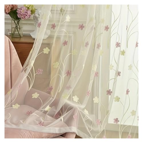HDKAH Blumengarnvorhänge for Schlafzimmer, Wohnzimmer, Fenstervorhang, Tüll, bestickter Tagesvorhang, süße, durchsichtige Vorhänge (Typ mit Stangentasche)(Pink,W200XL250CM) von HDKAH