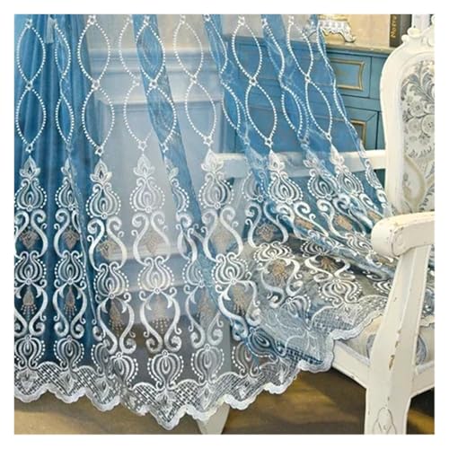 HDKAH Nordische Vorhänge for Wohnzimmer, Schlafzimmer, Luxus-Stickerei, Tüll, transparenter Voile-Stoff, goldene Spitze, Fenster-Bildschirm-Dekor, individuell (Stangentasche)(Blue,1 pcs W200xH265 cm) von HDKAH