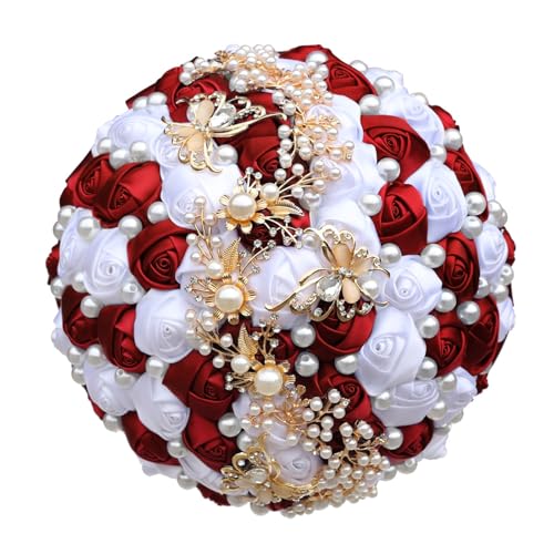 HDKAH Quinceanera Brautsträuße für Braut, Hochzeit, Brautjungfer, Strauß mit reinweißen Strasssteinen, Perlenband, Rosensträuße für Hochzeit, Kirche, Dekoration (21 cm) (dunkelrot + weiß) von HDKAH