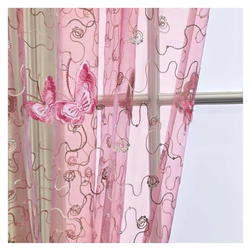 Romantische, Moderne, bestickte Pailletten, rustikale, durchsichtige Voile-Vorhänge in Lila for Wohnzimmer, Schlafzimmer und Küche (mit Stangentasche)(Pink,1PCS W132cm X H213cm) von HDKAH