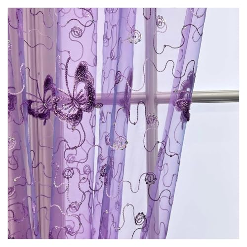 Romantische, Moderne, bestickte Pailletten, rustikale, durchsichtige Voile-Vorhänge in Lila for Wohnzimmer, Schlafzimmer und Küche (mit Stangentasche)(Purple,1PCS W250cm X H260cm) von HDKAH