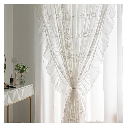 Weißer Leinenvorhang mit besticktem Tüll for Mädchen-Prinzessinnen-Schlafzimmer, romantische Voile-Fensterdekoration mit Rüschenspitze (mit Stangentasche)(1PC W150 x H270cm) von HDKAH