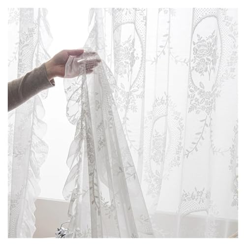 Weißer Spitzenvorhang Aus Transparentem Tüll, Französischer Vintage-Voile, Blumenstickerei, Lichtfilternde Fenstervorhänge for Wohnzimmer Und Schlafzimmer (Stangentasche)(1PC W200 x H260cm) von HDKAH