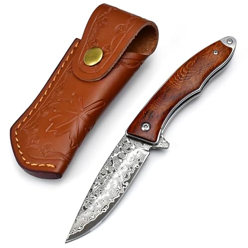 HDRNCH Damast Klappmesser einhandmesser Griff aus Palisander Damaszener-Muster Outdoor Survival Messer für Camping Survival Knife Einhandmesser Outdoor Survival Messer für Camping von HDRNCH