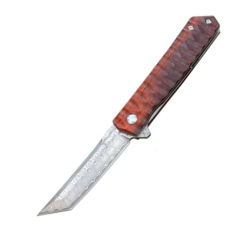 HDRNCH Klappmesser einhandmesser Griff aus saurem Holz Damaszener-Muster Taschenmesser mit Clip Outdoor Survival Messer für Camping(A) von HDRNCH