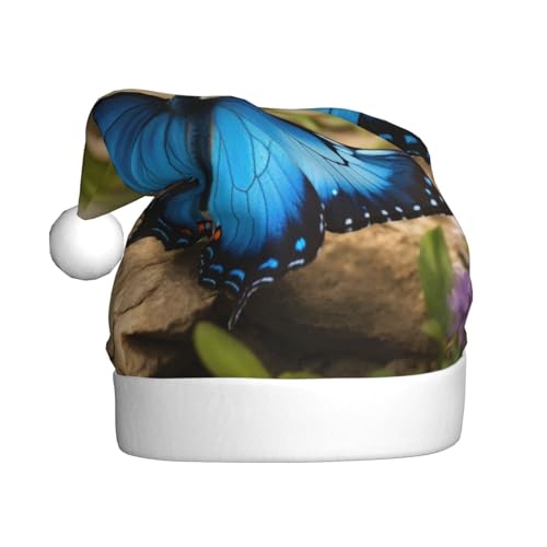 Blaue Schmetterlings- und Blumen-Weihnachtsmütze, Weihnachtsmannmütze, Kostüm, Zubehör für Weihnachten, Neujahr, Urlaub, Party, Kopfbedeckung von HDSKFNS