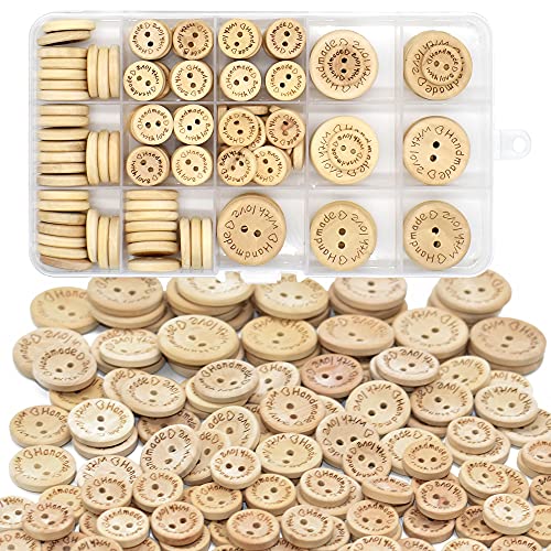 150 Stück handgefertigte Holzknöpfe zum Nähen, rund, 2 Löcher, Knöpfe zum Nähen von Kleidung, Zubehör, Bastelprojekten, Dekorationen (15 mm/20 mm/25 mm) von HDST-HOME