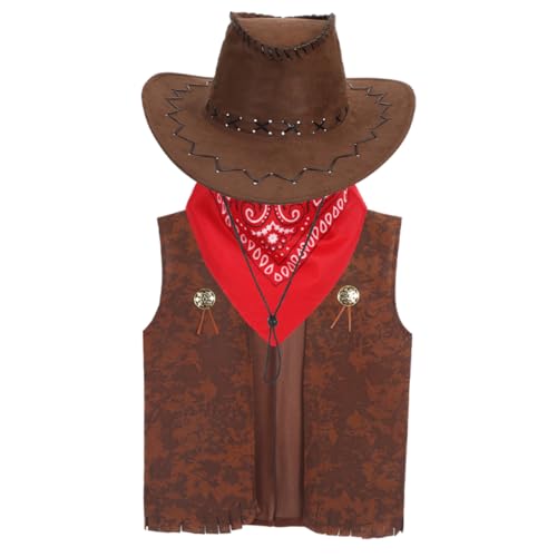 HEALEEP 1 Satz Cowboy Kostüm Teilig für Western Themen Outfit mit Weste Hut und Halstuch Geeignet für Höhen von Fördert Kreatives Spiel und Rollenspiele von HEALEEP