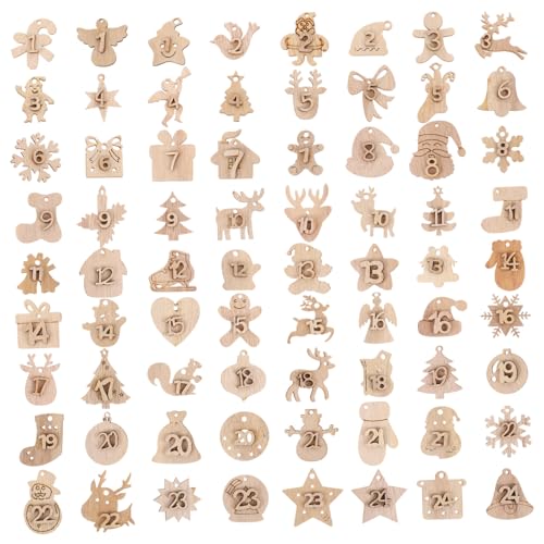 HEALEEP 72 Stück Digitaler Weihnachtsbaumanhänger Adventskalender Weihnachten Stichworte Nummernschilder Zahl Ornamente Holz Zahlen Countdown-kalenderzahlen Paulownia von HEALEEP