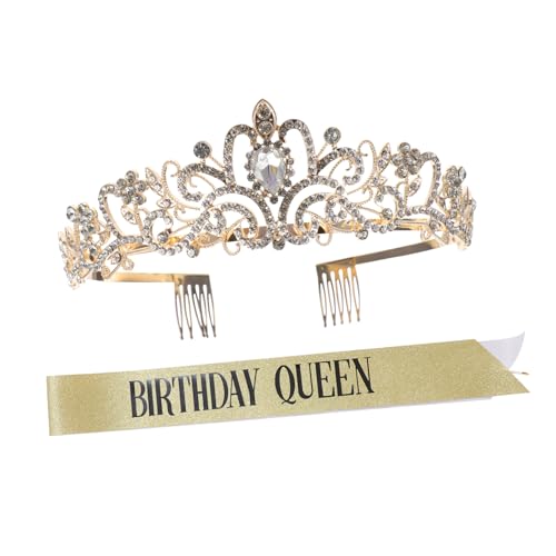 HEALEEP Geburtstagskrone mit Strasssteinen Verstellbare Tiara und Goldene Schärpe Partyzubehör Teilig für Damen Festliche Dekoration und Foto Requisiten bei Geburtstagsfeier HEALEEP Geburtstagskrone mit Strasssteinen Verstellbare Tiara und Goldene Schärpe Partyzubehör Teilig für Damen Festliche Dekoration und Foto Requisiten bei Geburtstagsfeier von HEALEEP
