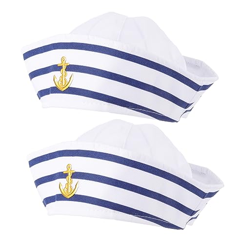 HEALLILY 2 Stück blau und weiß gestreifte Matrosenhüte mit Riemen Cosplay Kapitän Bootshüte für Damen und Herren für Segelpartys Themenveranstaltungen und Kostümzubehör von HEALLILY